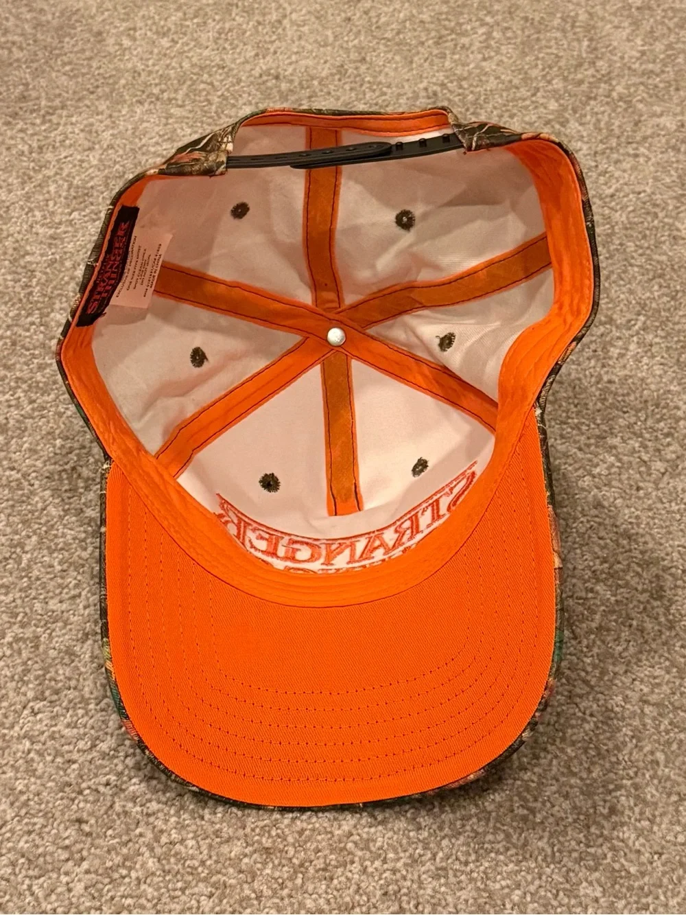 Stranger Things hard to find bright orange and camo embroidered SnapBack hat